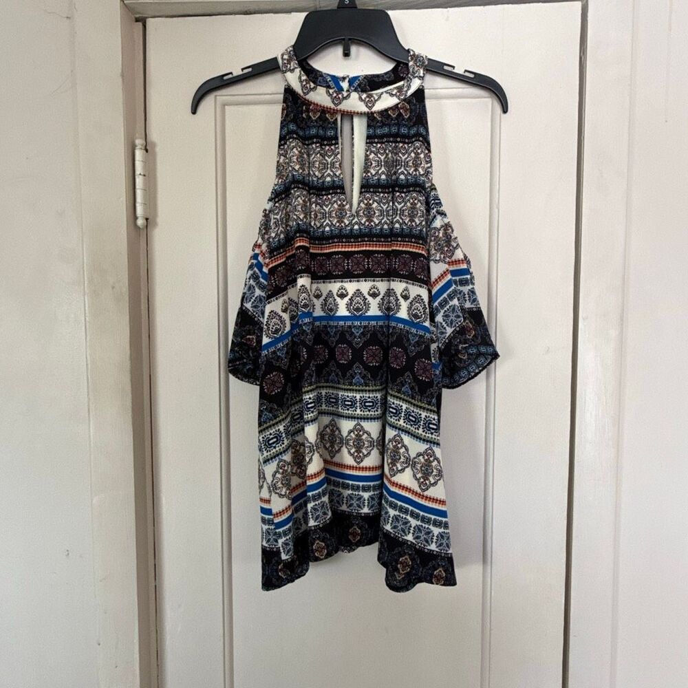 Lilly Black Printed Cold Shoulder High Neck Top Size XL